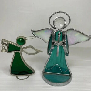Stained Glass Angels Set Of Two: Angel W/ Candle & Halo & Angel With Bell